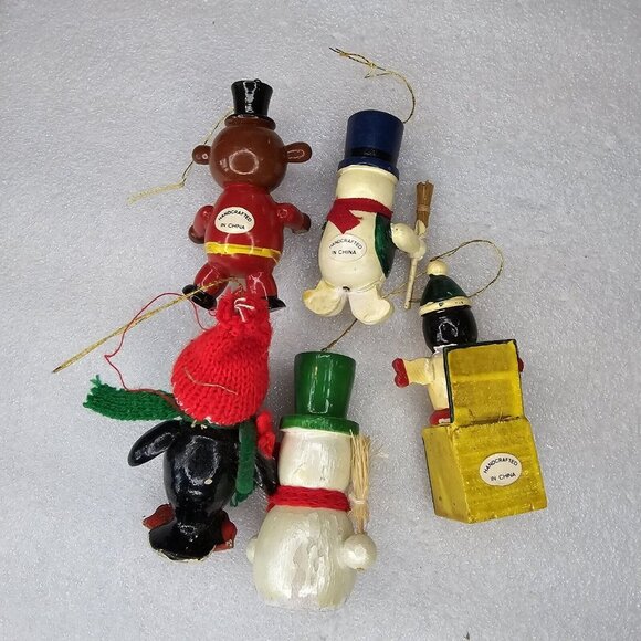 Vintage Handcrafted Wood Christmas Ornaments Set Of 5 Traditional Snowman Pengui - Picture 8 of 10